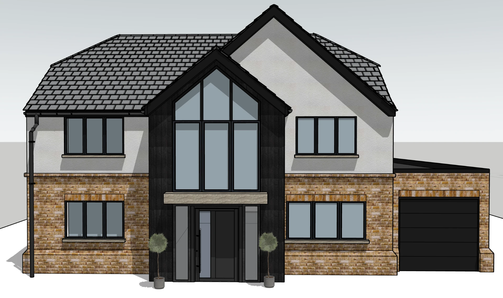 Front elevation 3D render of a contemporary detached house with brick, render and dark timber cladding